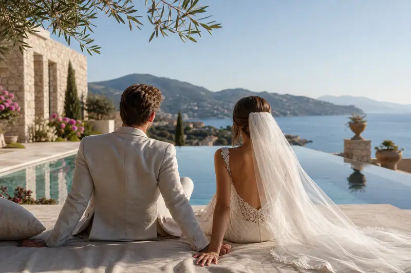 Deux personnes en tenue de mariage contemplent une piscine à débordement face à la mer