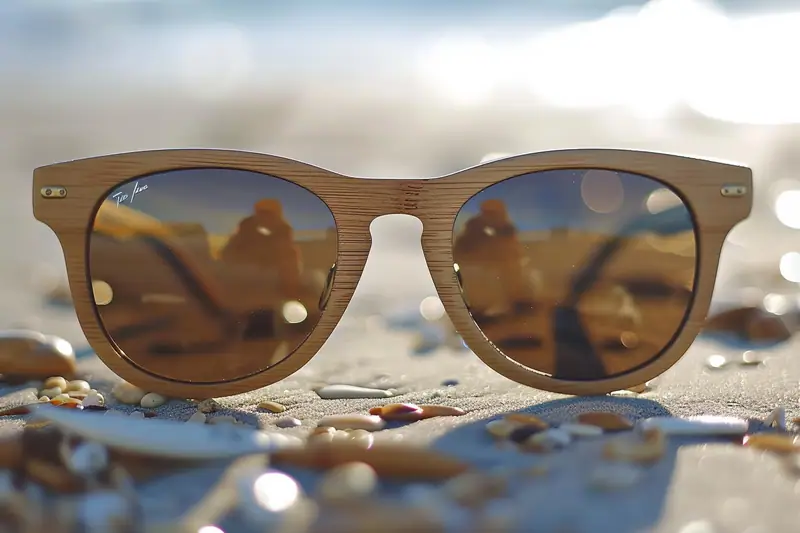Lunettes de soleil à monture en bois posées sur du sable parmi des coquillages
