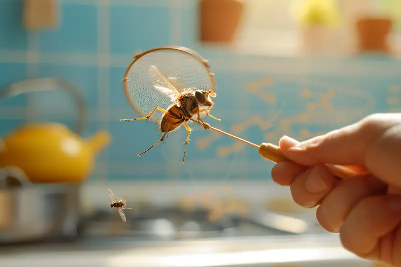 Une main tient une tapette artisanale avec une mouche près d’un évier de cuisine