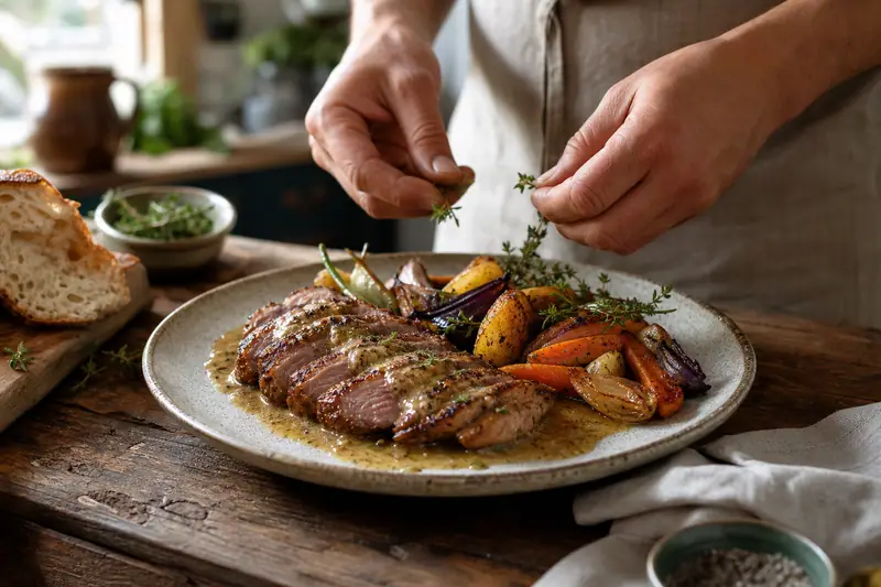Des mains parsèment d’herbes un plat de viande tranchée avec légumes rôtis