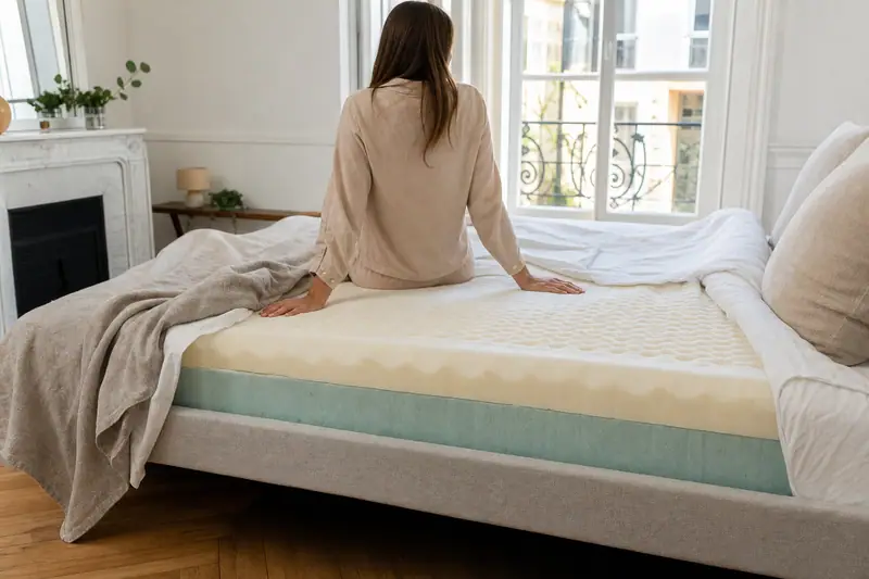 Une femme assise sur un lit découvre les couches de mousse du matelas