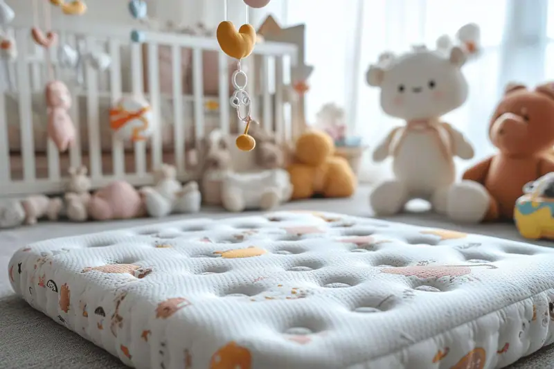 Matelas blanc matelassé à motifs animaux posé au sol devant des peluches et un lit à barreaux