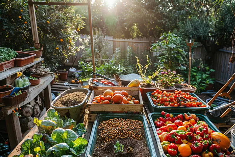 Potager ensoleillé avec cagettes de tomates, courges, choux et bacs de graines sur une table