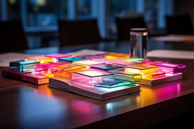 Livres aux couvertures transparentes colorées empilés sur une table, avec un verre d’eau derrière
