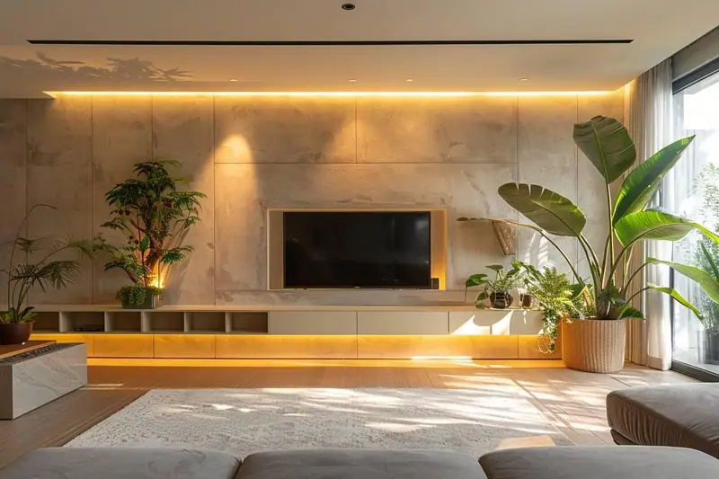 Mur beige encastré avec télévision, étagères éclairées, plantes en pots et grande baie vitrée