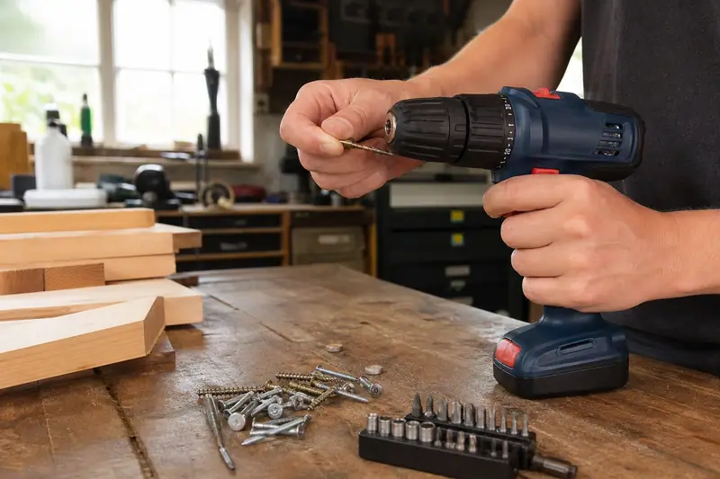Une personne tient une perceuse sans fil bleue au-dessus d’un établi couvert de vis et de bois