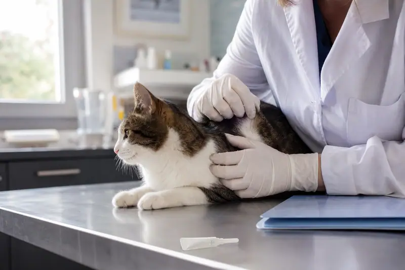 Un chat tigré est maintenu sur une table tandis qu’une personne en blouse examine son dos