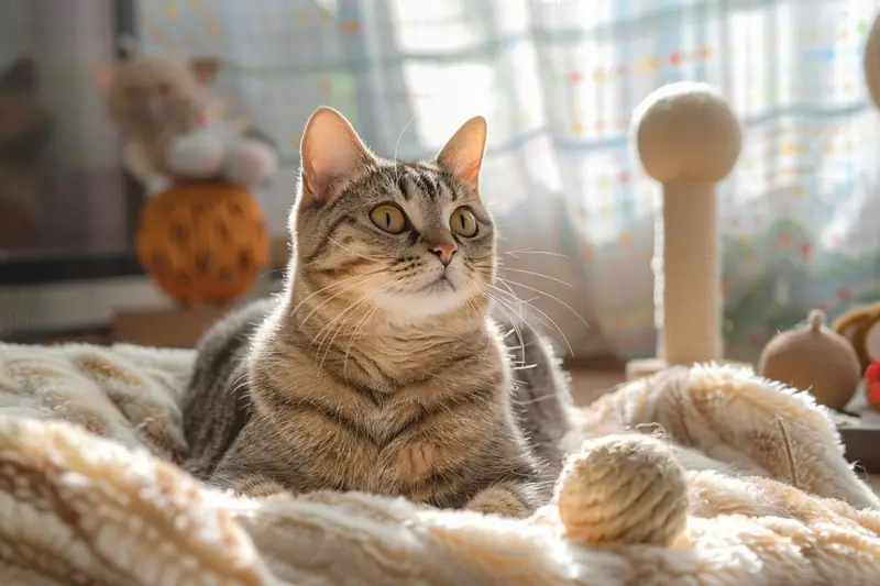 Chat tigré allongé sur une couverture beige près d’un arbre à chat en intérieur