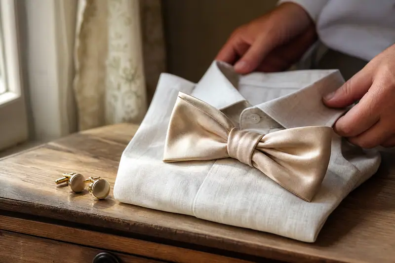Des mains posent un nœud papillon beige satiné sur une chemise blanche pliée