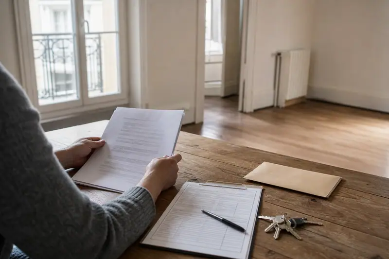 Une personne tient un document au-dessus d’une table en bois avec clés et dossier