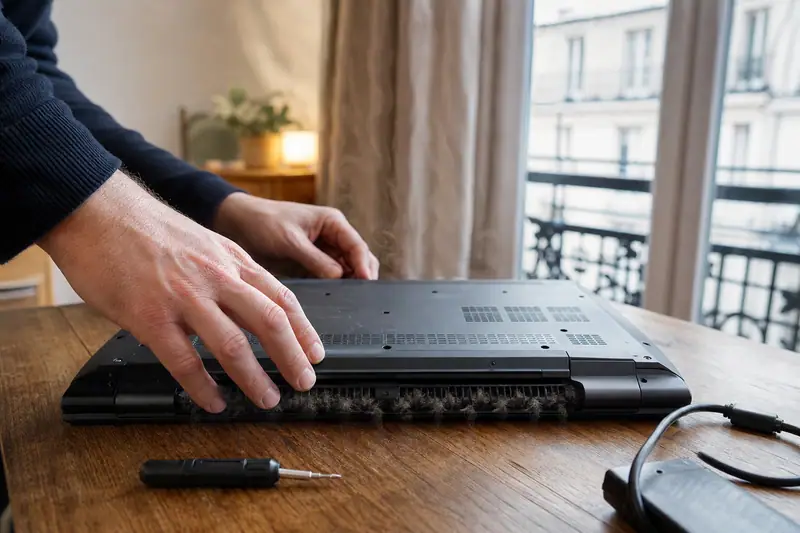 Des mains soulèvent un ordinateur portable retourné au-dessus d’une rangée de ventilateurs sur une table en bois