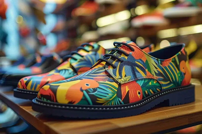 Deux chaussures à lacets noires, ornées de motifs colorés de perroquets et feuillages, sur une étagère en bois