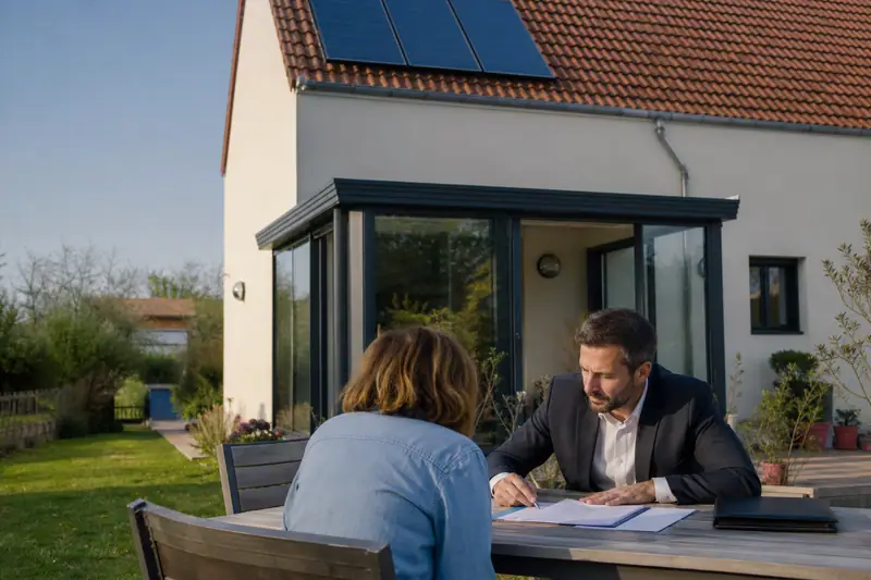 Deux personnes consultent des documents sur une table devant une maison équipée de panneaux solaires