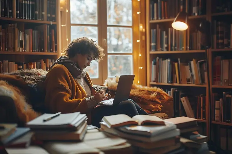Personne assise dans une bibliothèque, écrivant près d’un ordinateur portable parmi des livres ouverts
