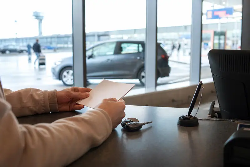 Des mains tiennent un document devant des clés de voiture, avec un véhicule visible par la vitre