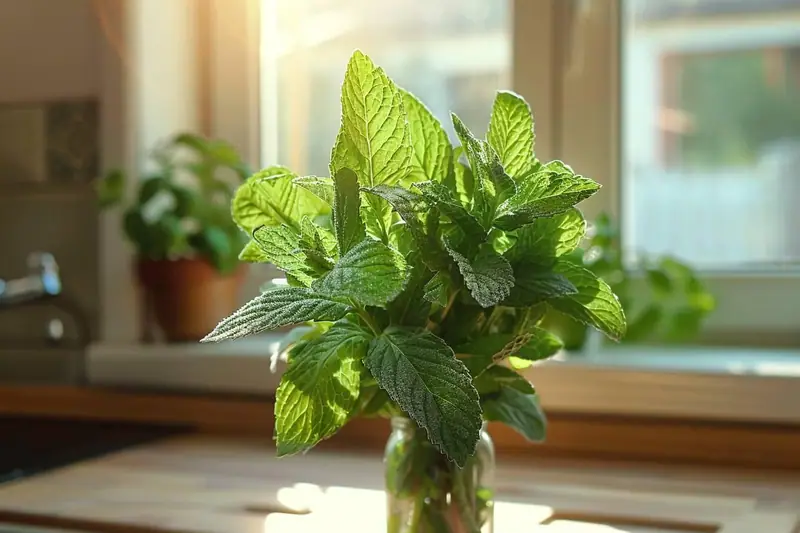 Bouquet de feuilles vertes dans un verre posé sur un plan de travail près d’une fenêtre