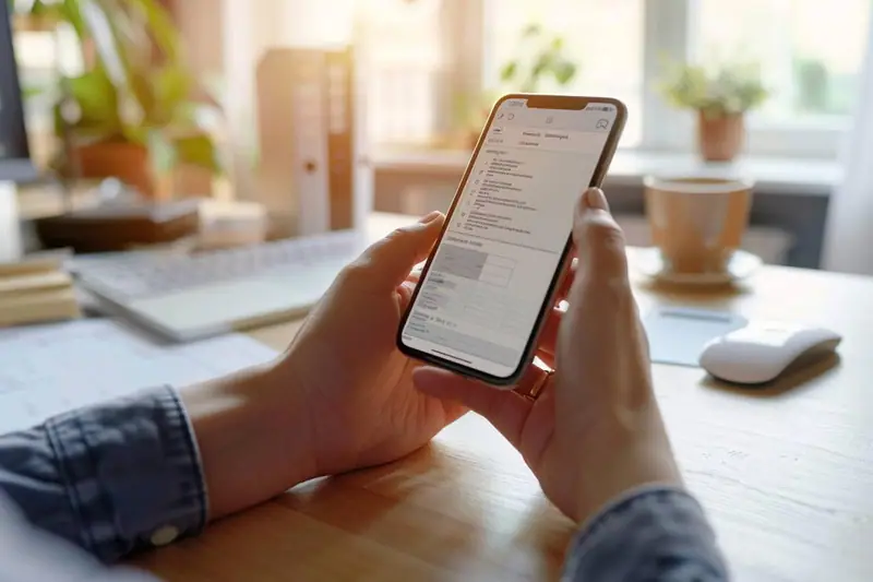 Une personne tient un smartphone affichant une liste, devant un bureau avec ordinateur et tasse blanche