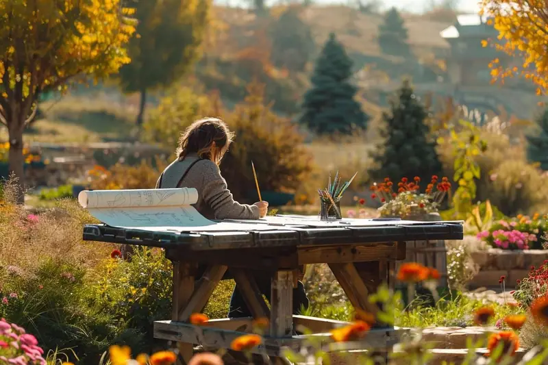 Une personne dessine à une grande table en bois dans un jardin fleuri ensoleillé