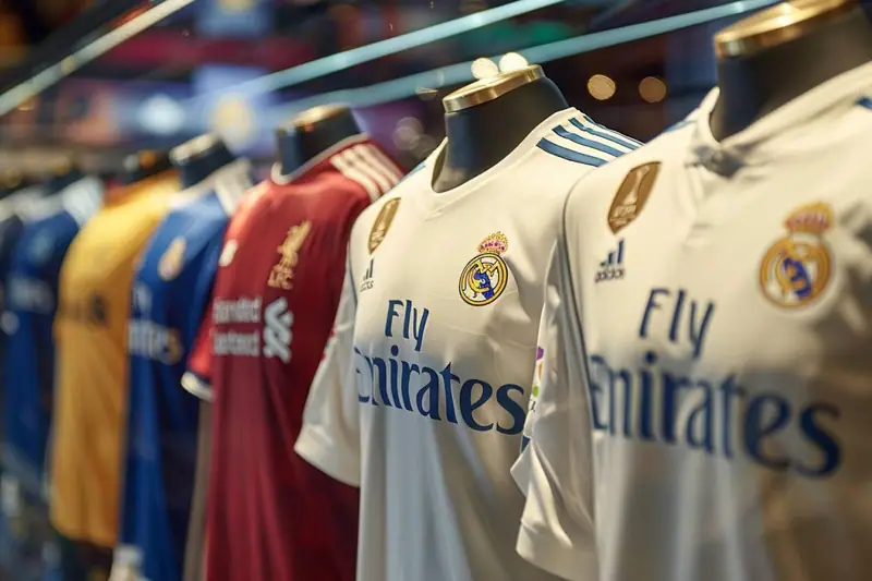Maillots de football blancs, rouges, bleus et jaunes suspendus sur des mannequins noirs alignés