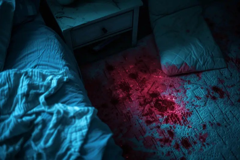 Deux lits défaits encadrent un sol couvert de taches rouges et d’éclaboussures sombres
