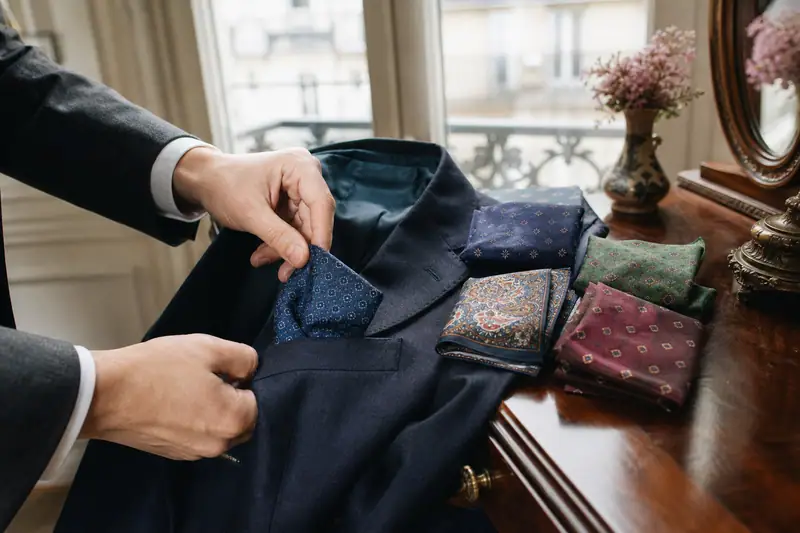 Des mains glissent une pochette bleue dans la poche d’une veste sombre posée sur une commode