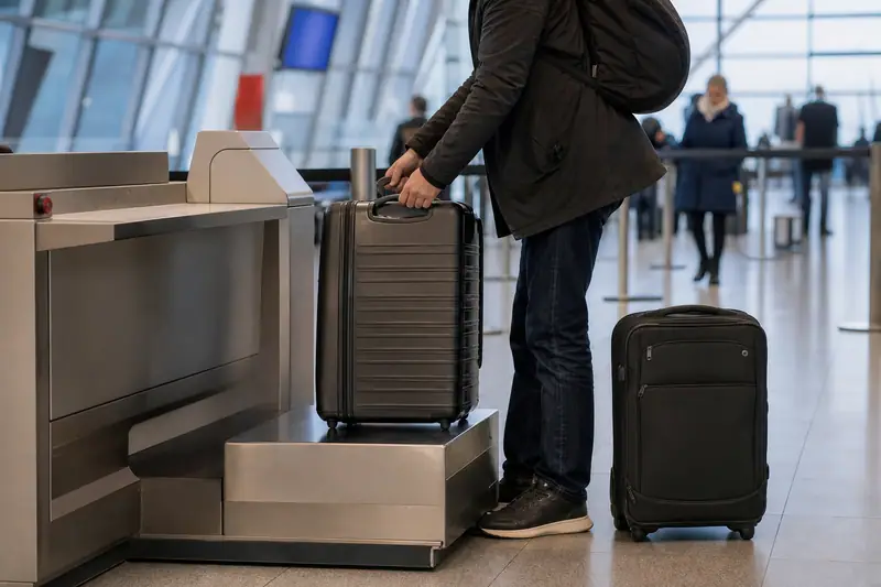 Un homme pose une valise grise sur une balance d'aéroport, une valise noire à côté