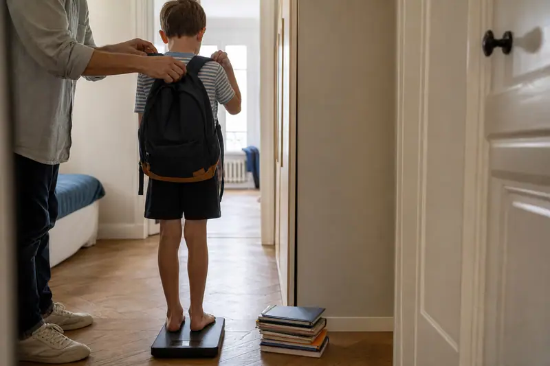 Un adulte ajuste le sac à dos noir d'un enfant debout sur un pèse-personne