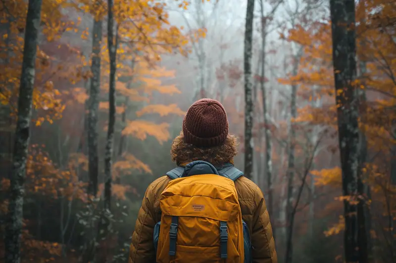 Une personne de dos porte un sac à dos jaune dans une forêt automnale brumeuse
