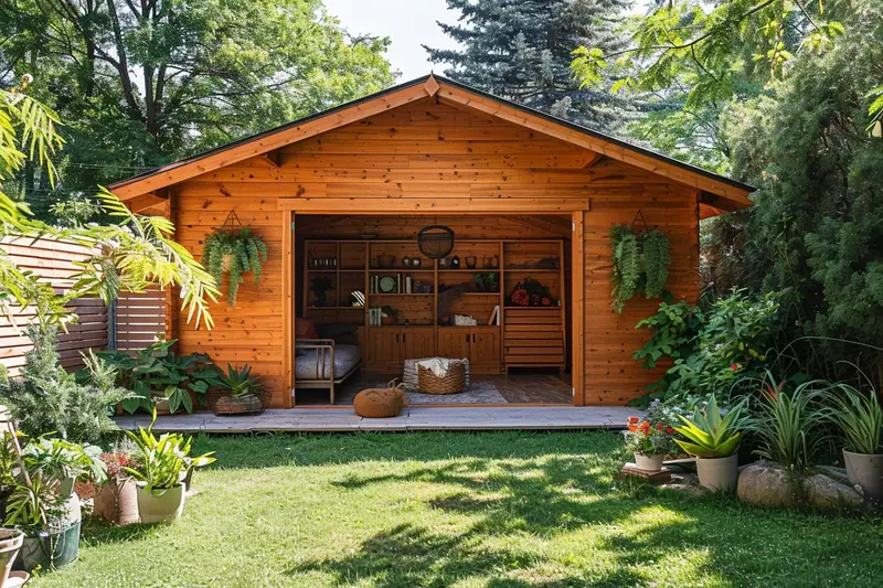 Abri de jardin en bois ouvert sur une pelouse, entouré de plantes en pots et d’arbres