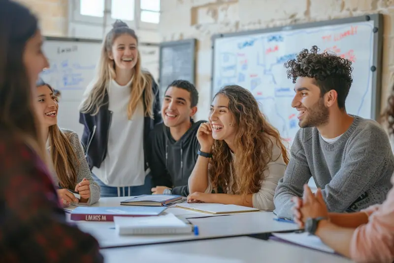 Des étudiants souriants discutent autour de tables couvertes de cahiers dans une salle de classe
