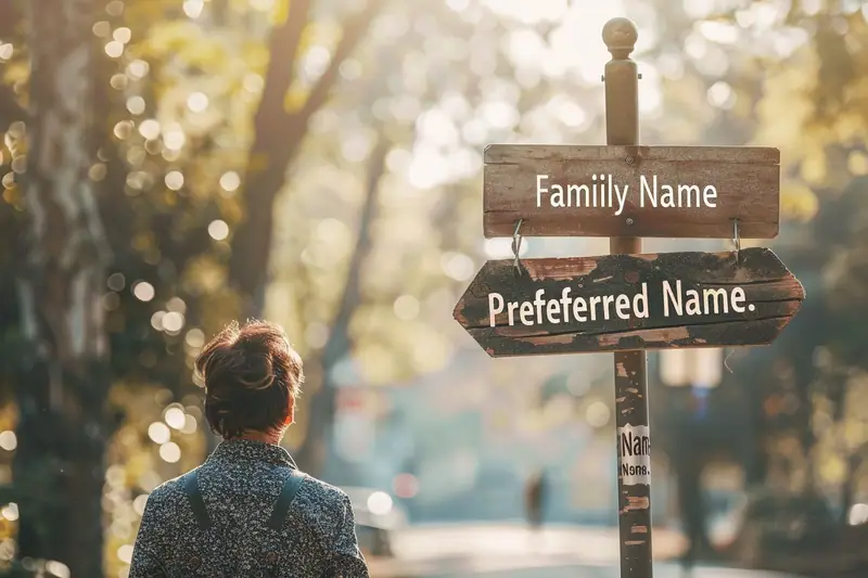 Une personne de dos regarde deux panneaux en bois indiquant « Family Name » et « Preferred Name