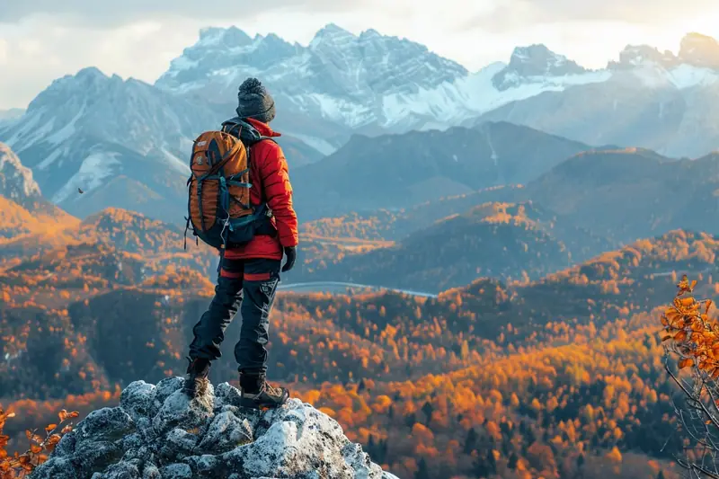 Un randonneur en veste rouge observe des montagnes enneigées depuis un rocher au-dessus d’une forêt automnale