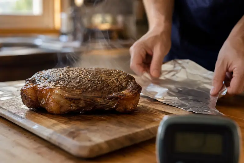 Une personne couvre de papier aluminium une pièce de viande posée sur une planche en bois