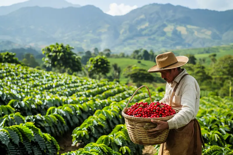 Un homme porte un panier de baies rouges au milieu de rangées de caféiers verdoyants
