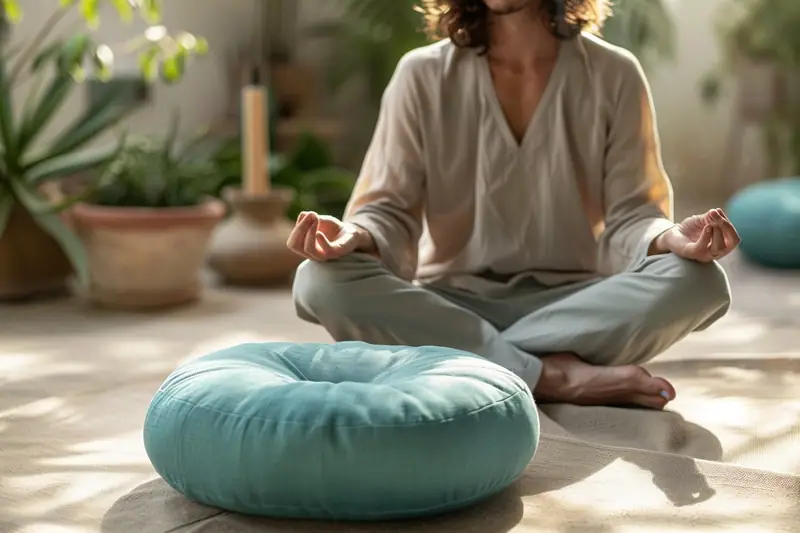 Personne assise en tailleur au sol derrière un coussin rond bleu clair capitonné