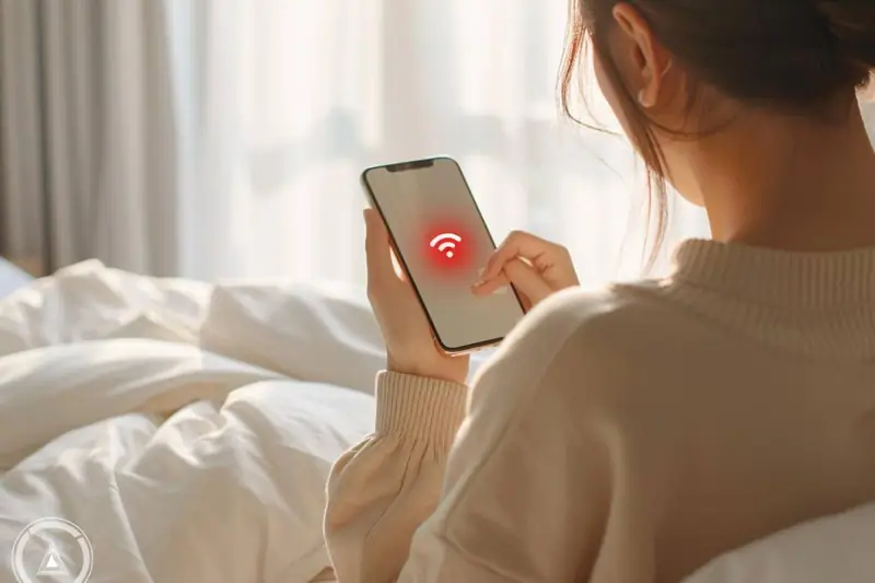 Une personne assise sur un lit tient un smartphone affichant une icône Wi-Fi rouge