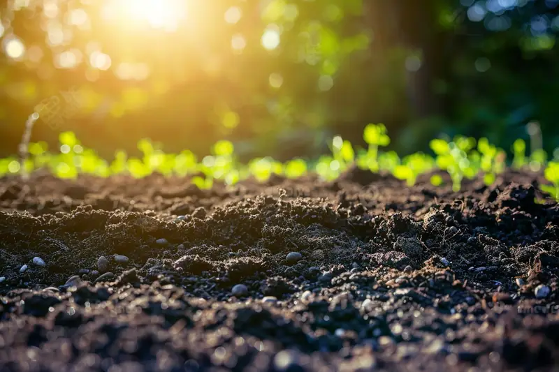 Sillons de terre sombre au premier plan, éclairés par le soleil devant des plantes vertes floues