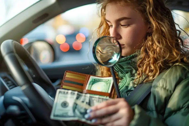 Une jeune femme assise au volant examine des billets et un portefeuille ouvert