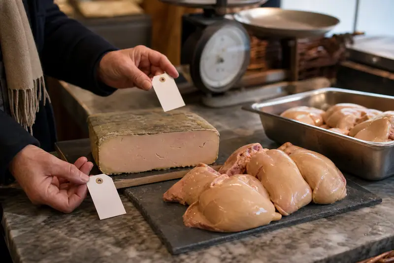 Des mains placent des étiquettes près d’un bloc et de lobes crus sur un comptoir en marbre