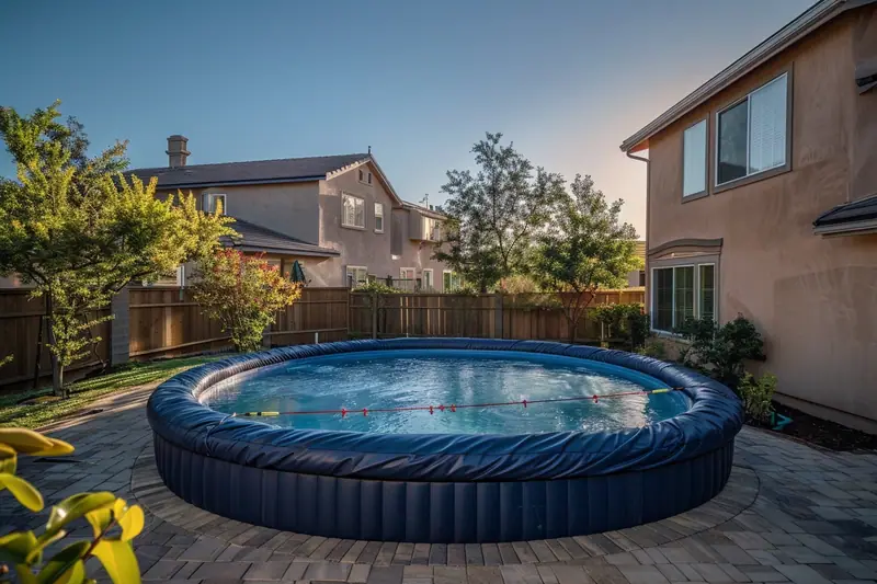Piscine hors-sol ronde bleue remplie d’eau sur une terrasse pavée entre deux maisons