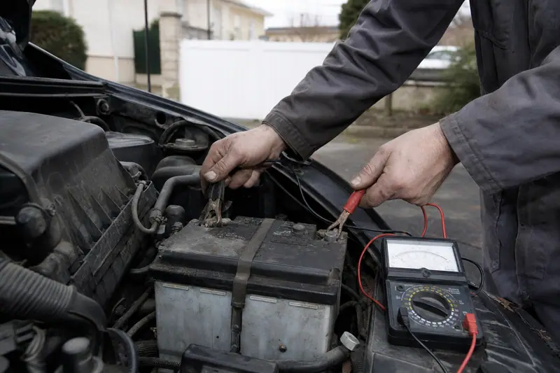 Un homme mesure une batterie de voiture avec un multimètre dans le compartiment moteur