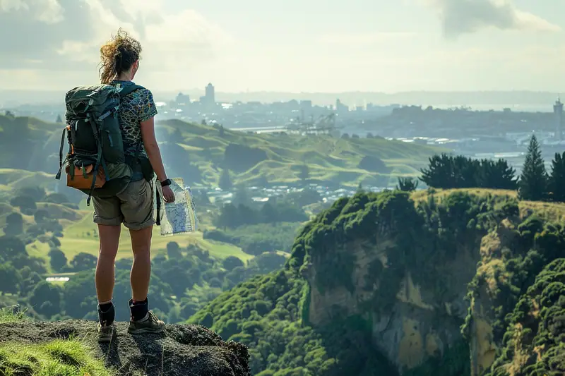 Une femme avec sac à dos observe une vallée verdoyante depuis un promontoire rocheux