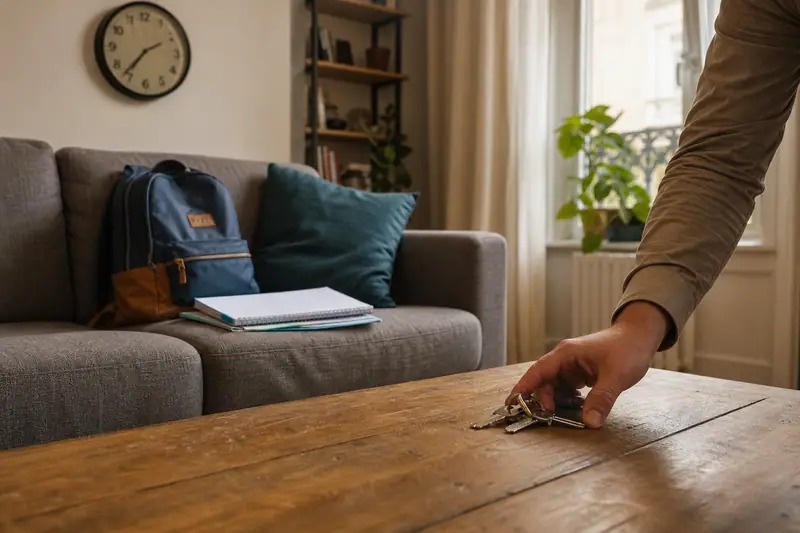 Une main pose des clés sur une table en bois devant un canapé avec sac à dos