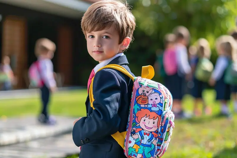 Un garçon en uniforme porte un cartable coloré illustré de personnages dans une cour d’école