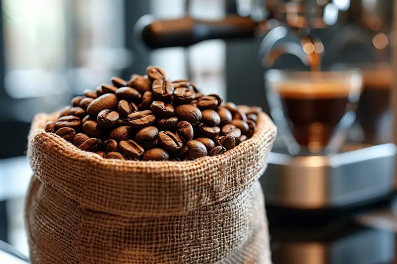 Un sac en toile de jute rempli de grains bruns devant une machine à café et une tasse sombre