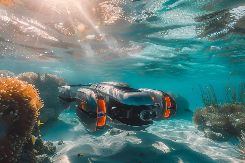 Drone sous-marin noir et orange flottant au-dessus d’un fond sableux près de coraux