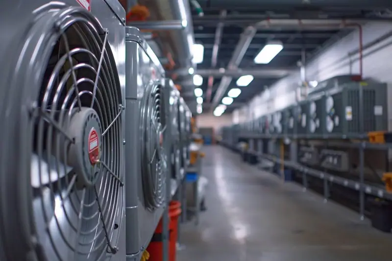 Rangée de ventilateurs métalliques devant des armoires grises dans un couloir industriel éclairé