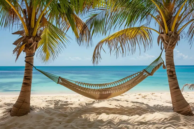 Un hamac beige est suspendu entre deux palmiers sur une plage de sable blanc face à la mer turquoise