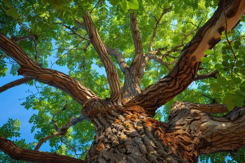 Tronc noueux d’un grand arbre vu d’en bas, branches épaisses et feuillage vert sur ciel bleu