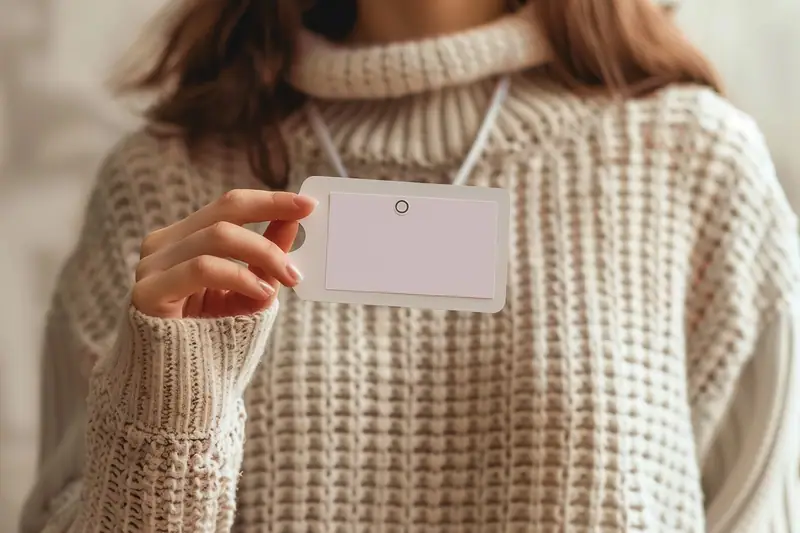 Une personne en pull beige tient une étiquette blanche vierge suspendue à son cou